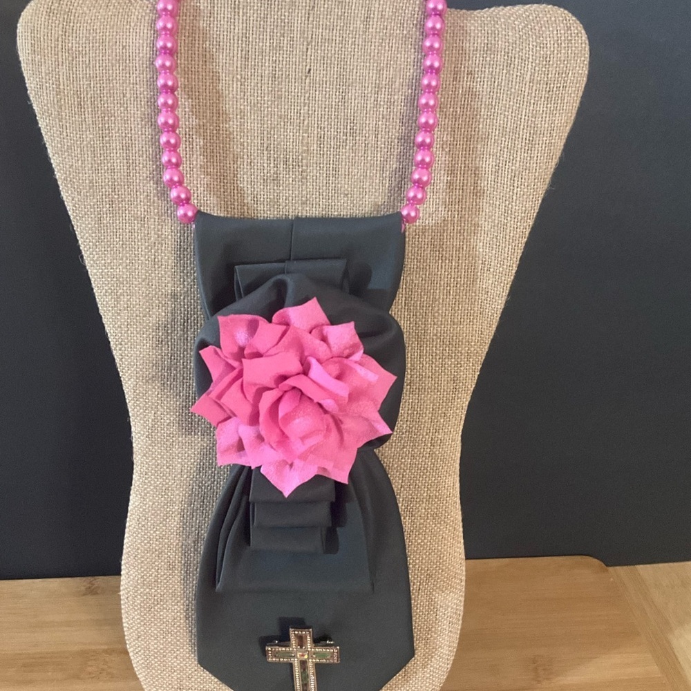Hand Crafted Necktie Necklace Grayish Green Cross Brooch Pink Floral Accent - Picture 2 of 11